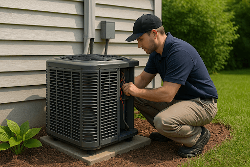 Mast Heating & Cooling technician servicing an AC in West Michigan