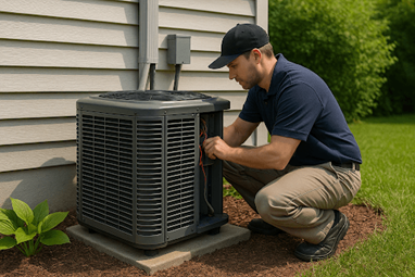 A Mast Heating & Cooling technician working on an AC unit - contact the West Michigan HVAC experts now! 